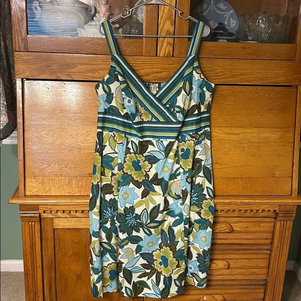 Boho Cottagecore Floral Empire Waist Sundress Blue Green Cotton Blend Tropical
